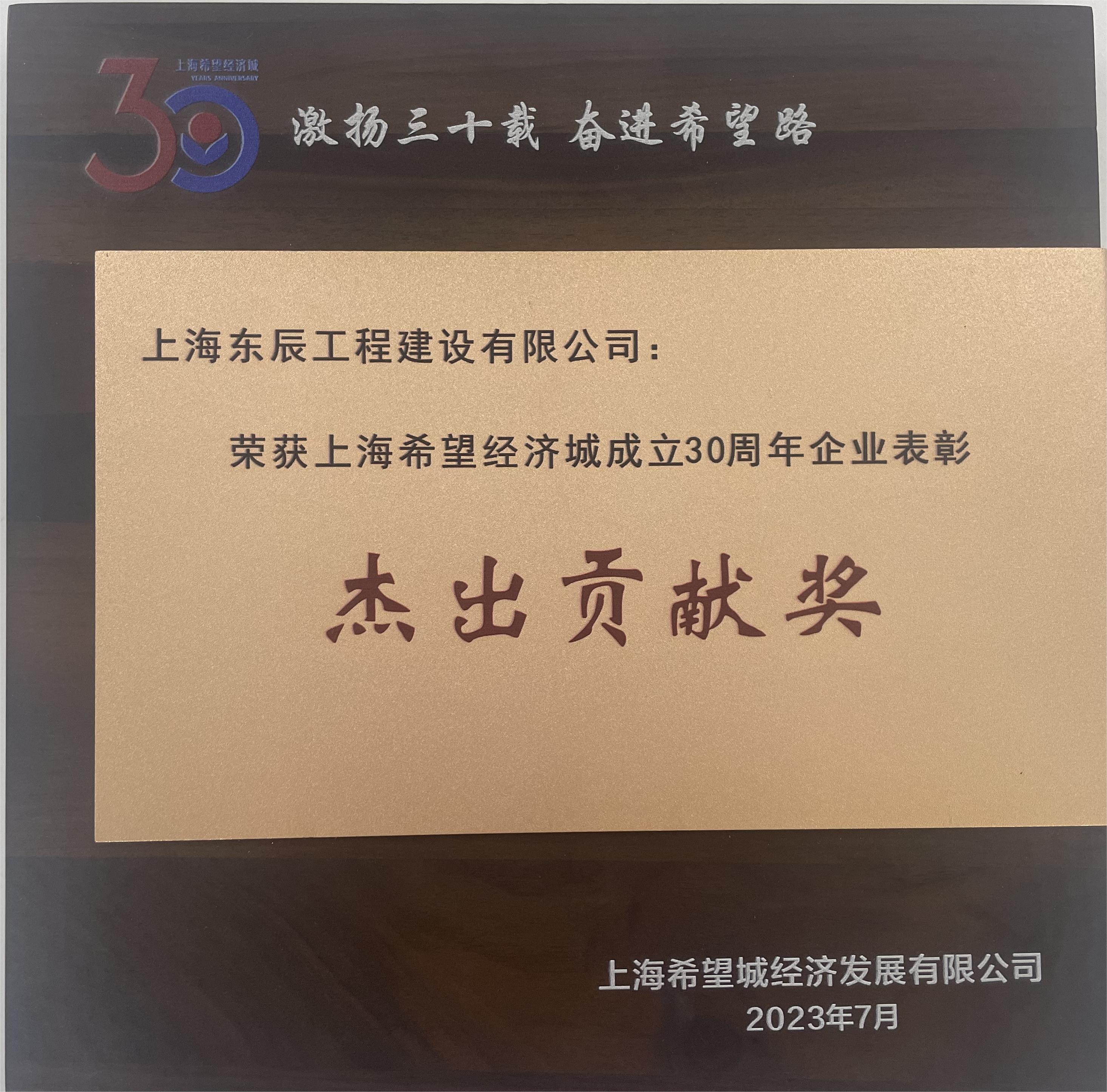 東辰榮獲杰出貢獻獎——上海希望經濟城成立30周年企業(yè)表彰